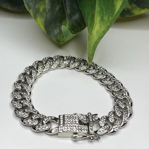 Iced Out Silver Cuban Link Bracelet Pave Crystals Men Length 8”